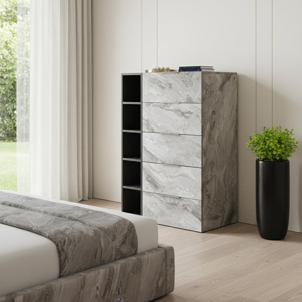 Marble-gray five-drawer chest in a bright modern bedroom with a potted plant and large window.