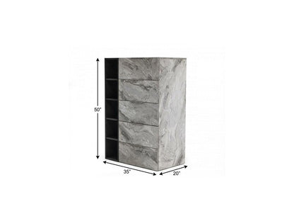 Gray stone-textured tall chest with five stacked drawers.