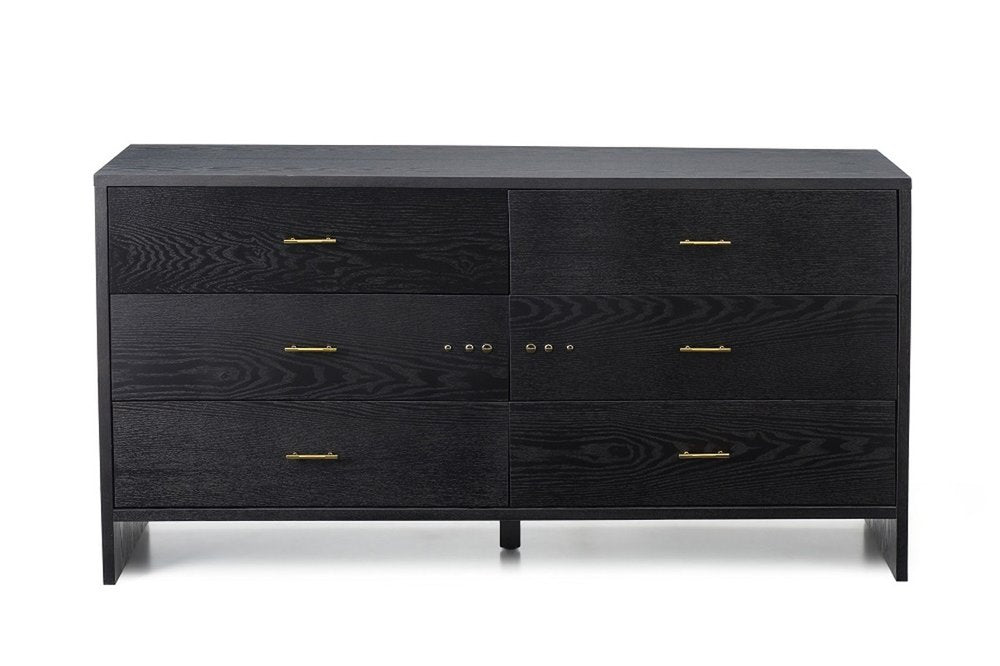 Grey ash manufactured wood six-drawer double dresser, 59" wide, with two columns of drawers, gold handles, and a modern rectangular silhouette.