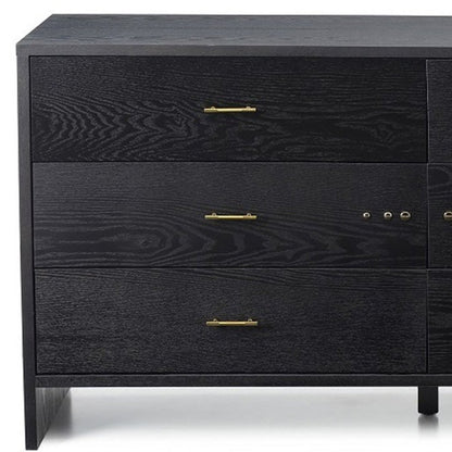 Grey ash manufactured wood six-drawer double dresser with gold bar pulls and visible grain.