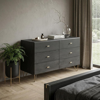 51" Gray Wood Six Drawer Double Dresser