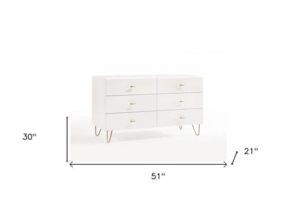51" White Manufactured Wood Six Drawer Double Dresser