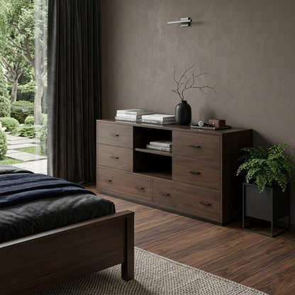 63" Dark Brown Wood Six Drawer Double Dresser