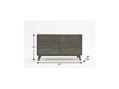 51" Gray Solid Wood Six Drawer Double Dresser