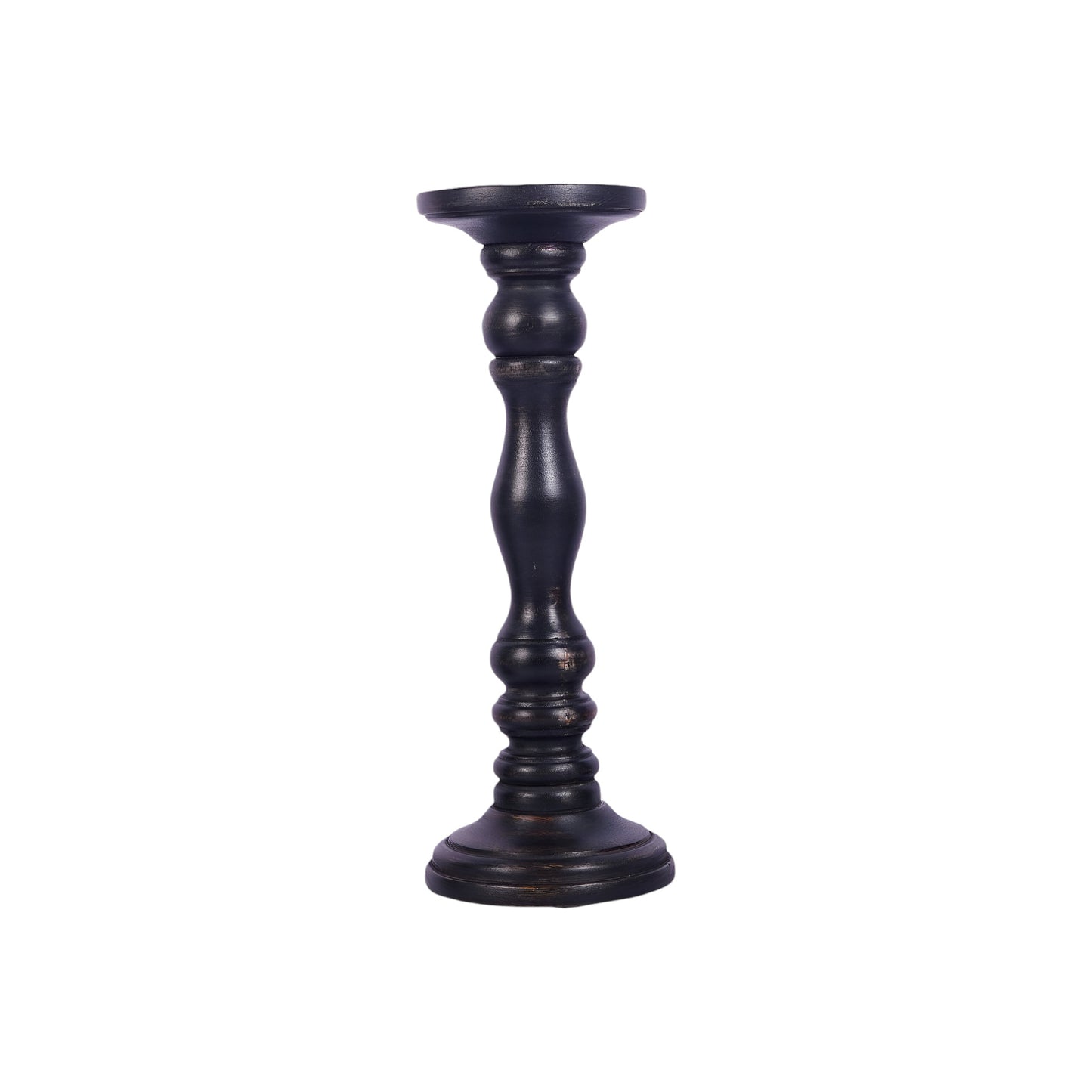 Set of Three Matte Black Genuine Wood Hand Carved Pillar Candle Holders