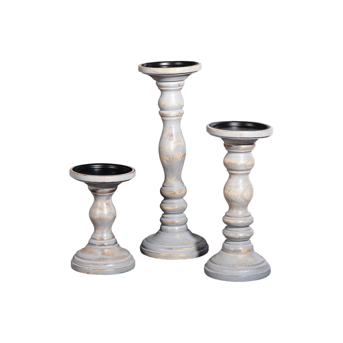 Set of Three Rustic Gray Genuine Wood Hand Carved Pillar Candle Holders