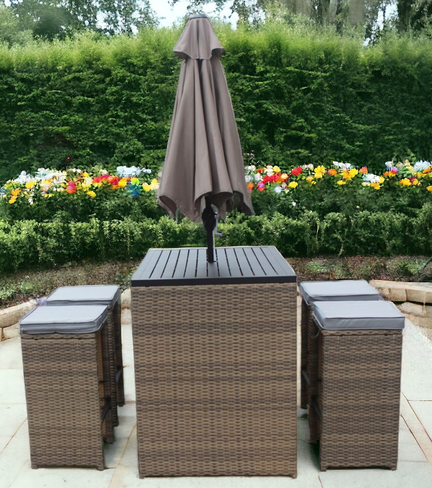 Six Piece Brown and White Faux Wicker Outdoor Bar Height Table Set with Umbrella and Stools