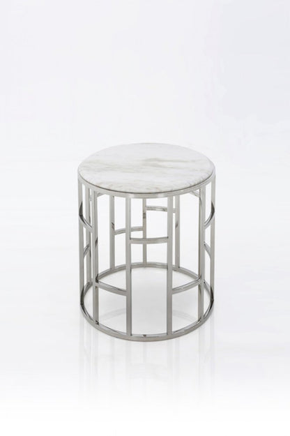 22" White And Silver Faux Marble And Stainless Steel Round Frame End Table