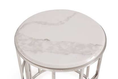 22" White And Silver Faux Marble And Stainless Steel Round Frame End Table