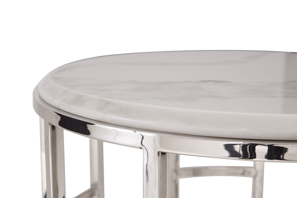 Stylish Silver And White Marble Round Geometric End or Side Table