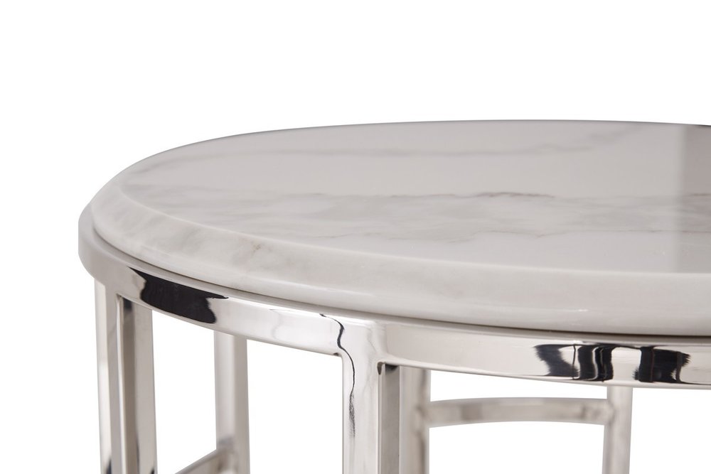 22" White And Silver Faux Marble And Stainless Steel Round Frame End Table