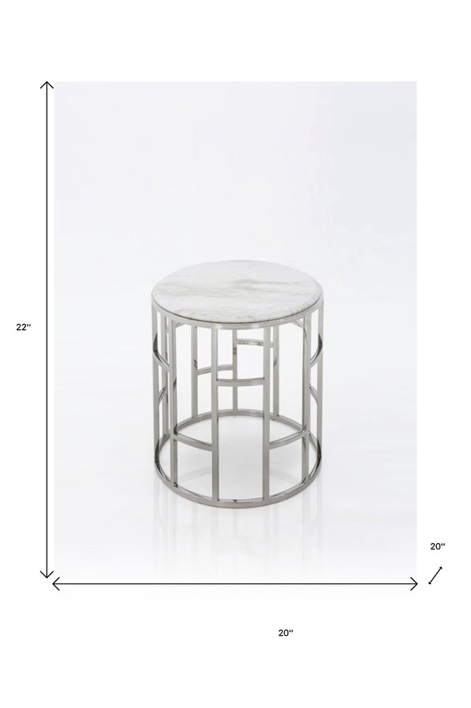 22" White And Silver Faux Marble And Stainless Steel Round Frame End Table