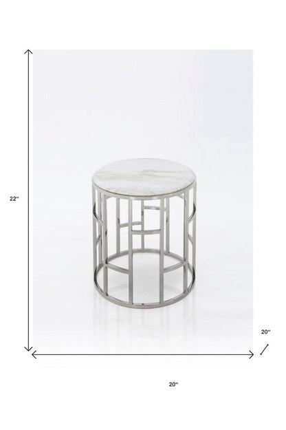 22" White And Silver Faux Marble And Stainless Steel Round Frame End Table