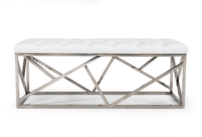 White and silver tufted faux leather upholstered bench, 48" long.