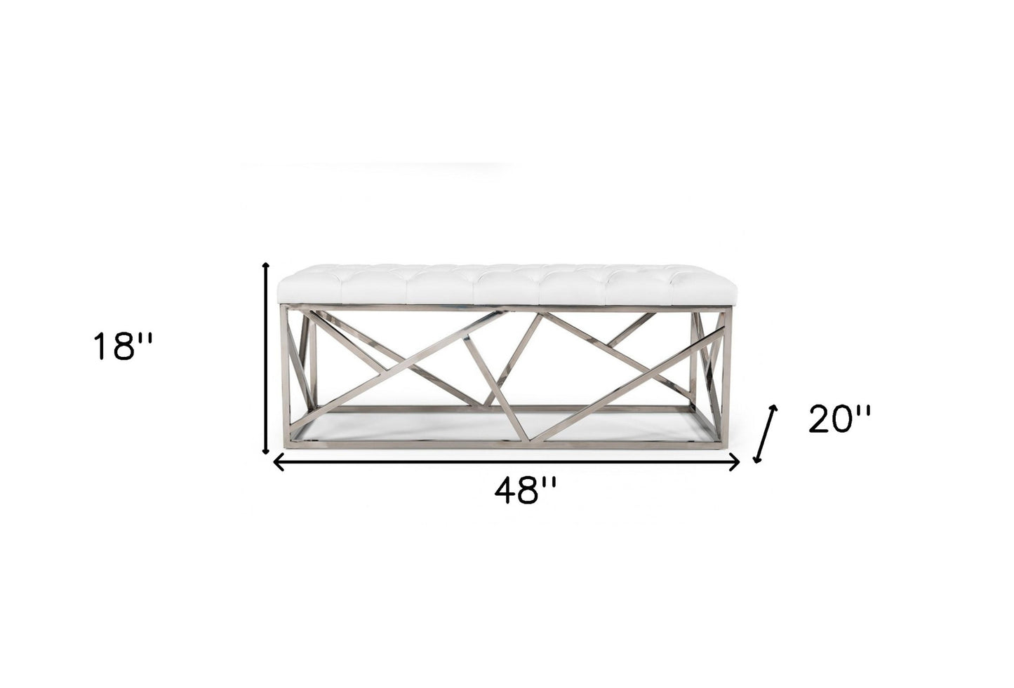 48" White and Silver Tufted Faux Leather Upholstered Bench