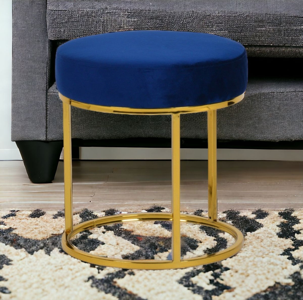 16" Blue Velvet And Gold Round Footstool Ottoman