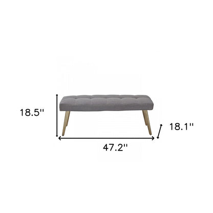 47" Gray and Antiqued Brass Tufted Linen Blend Upholstered Dining Bench