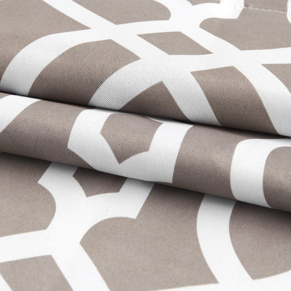 Taupe trellis blackout window curtain panel, 84" long, folded in layers.