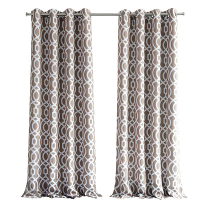 Taupe trellis window curtain panel with a white geometric lattice pattern, grommet-top, floor-length on a metal rod.