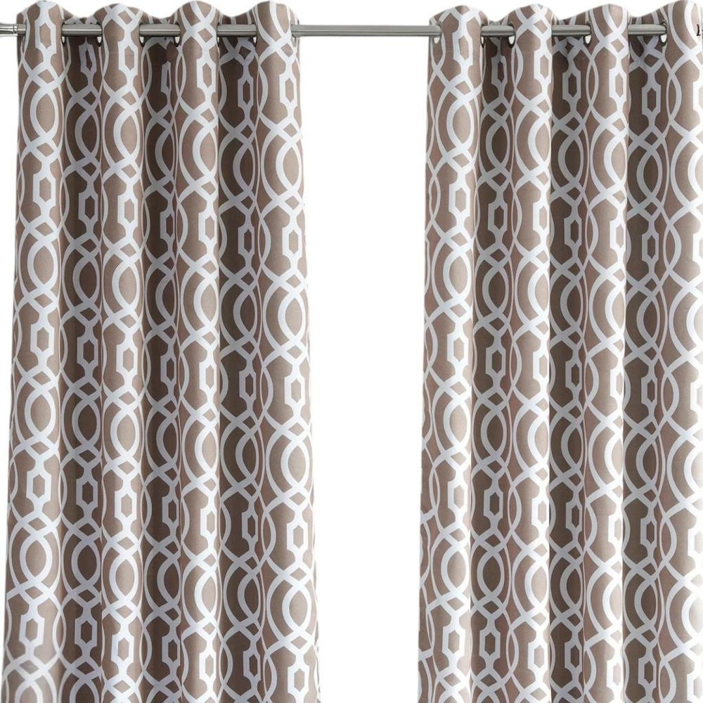 Taupe fabric curtains with white interlocking oval chain-link pattern, rod-pocket top, modern geometric style.