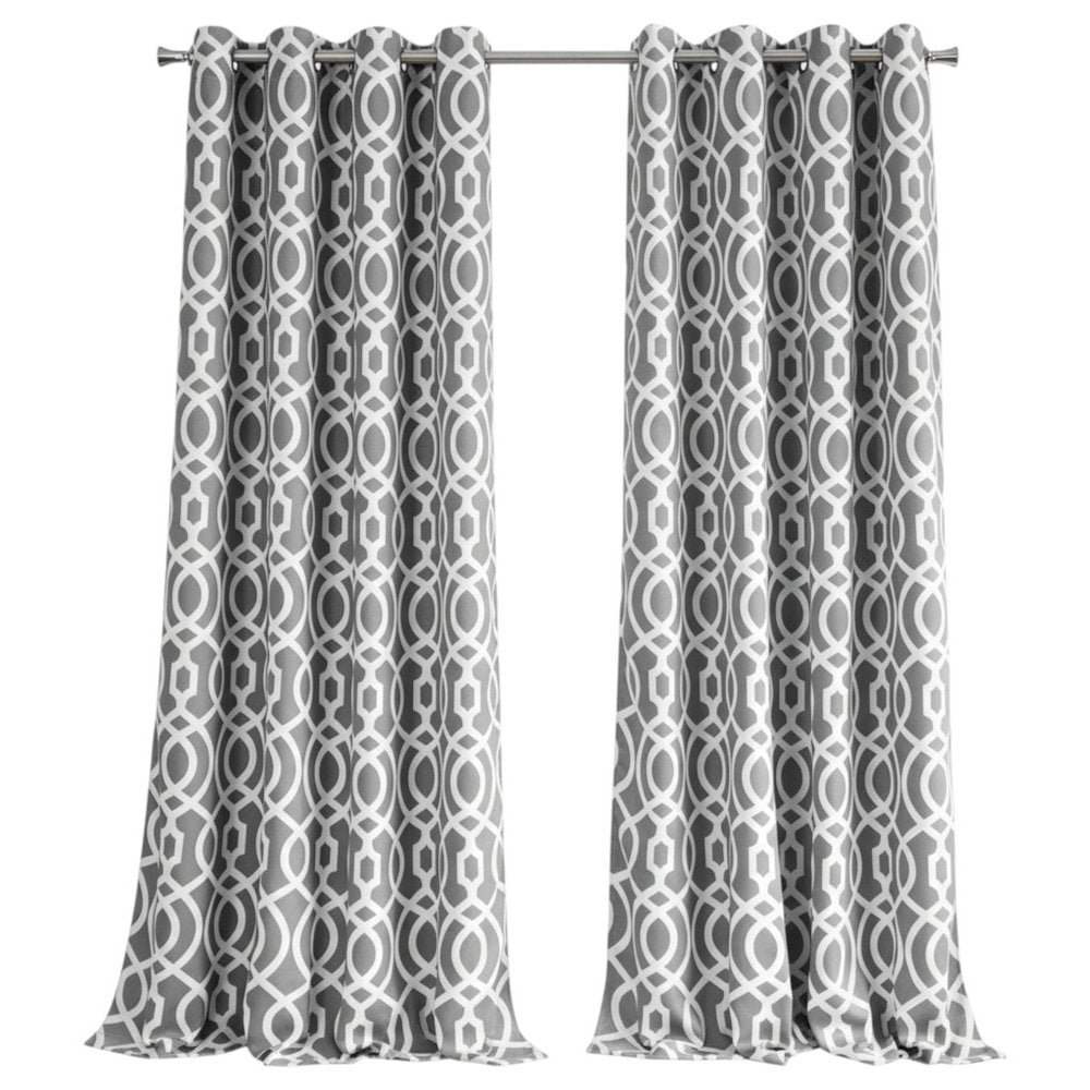 Grey curtains with white interlocking-ring lattice pattern, two-panel, rod-mounted, floor-length modern window drapes.