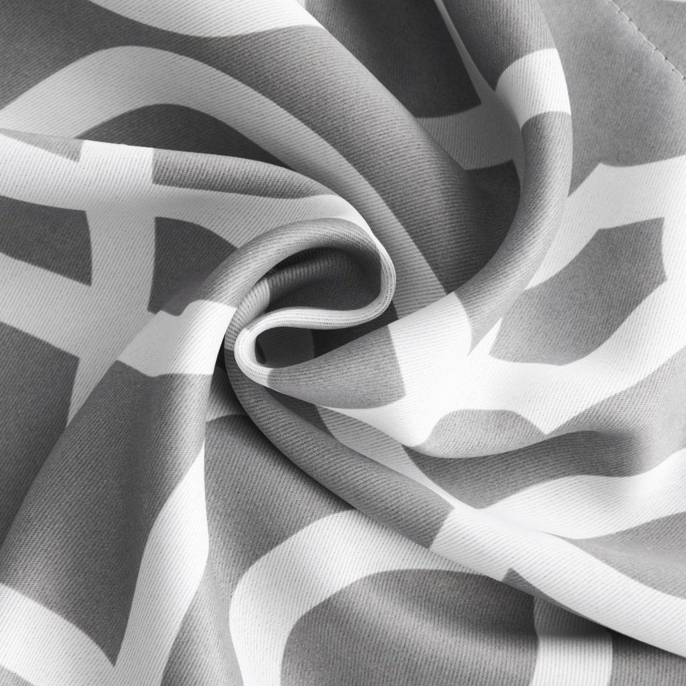 Gray trellis blackout window curtain panel with a geometric pattern, 84-inch long.