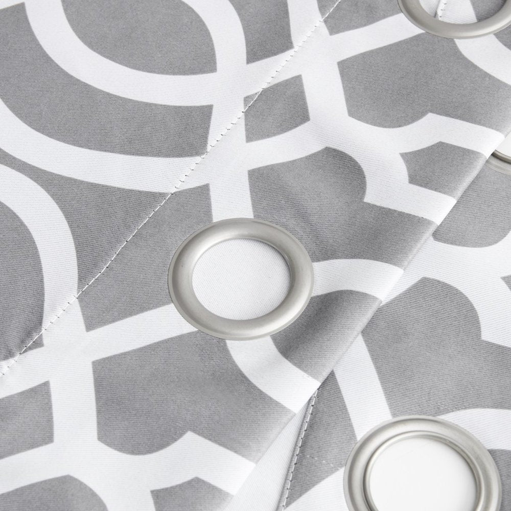Gray trellis blackout window curtain panel with silver metal grommets.