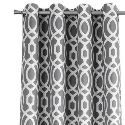 Gray trellis blackout window curtain panel with rod-pocket top.