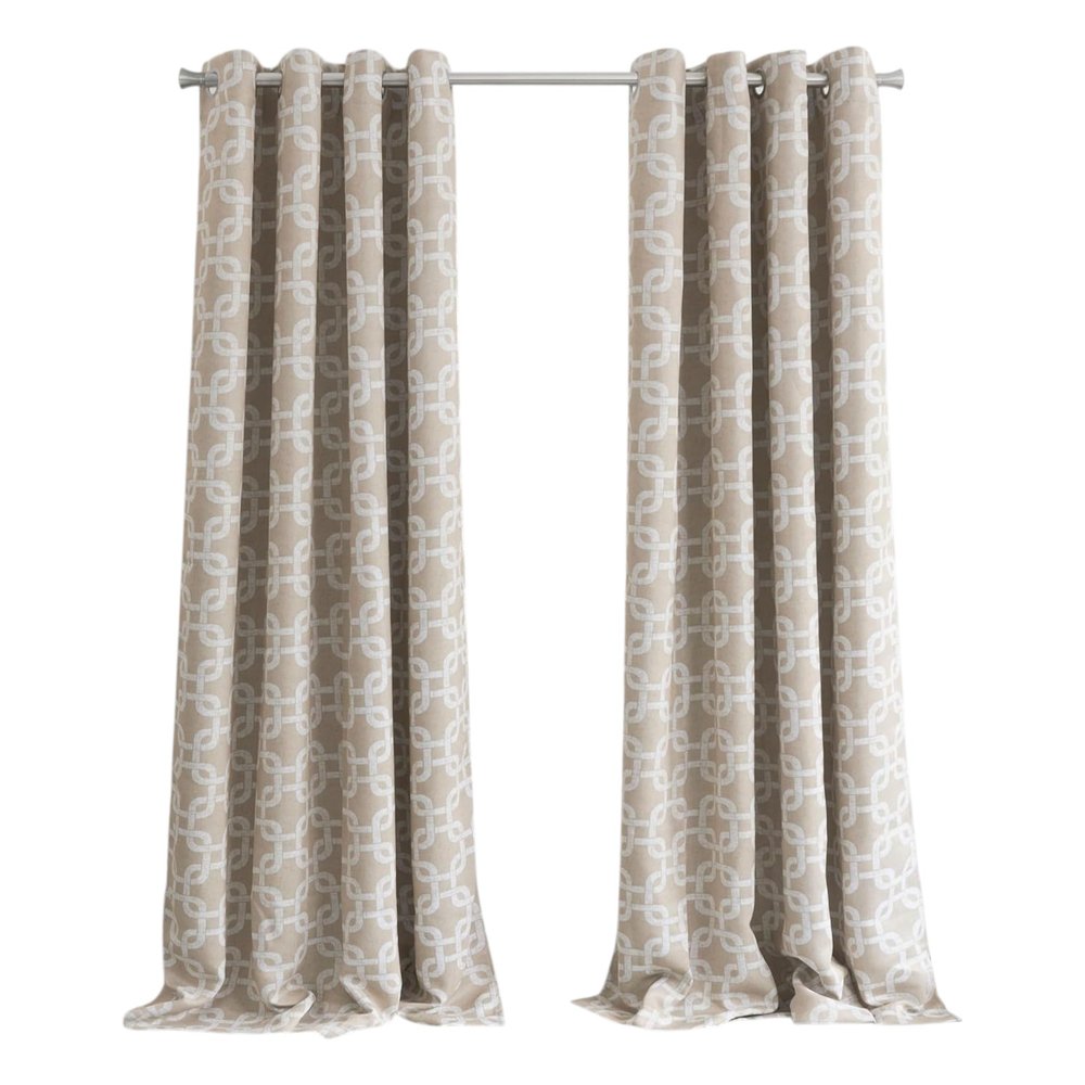84” Sand Interlock Pattern Window Curtain Panel, single beige panel with white geometric interlock pattern, grommet-top, full-length.