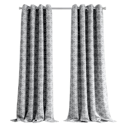 84” silver interlock-pattern window curtain panel, grey fabric with white geometric motif, rod with rings, floor-length.