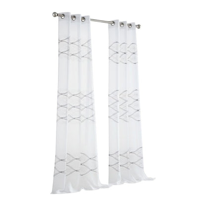 Pair of white sheer window panels with wave embroidery, grommet-top header, hanging on a rod.