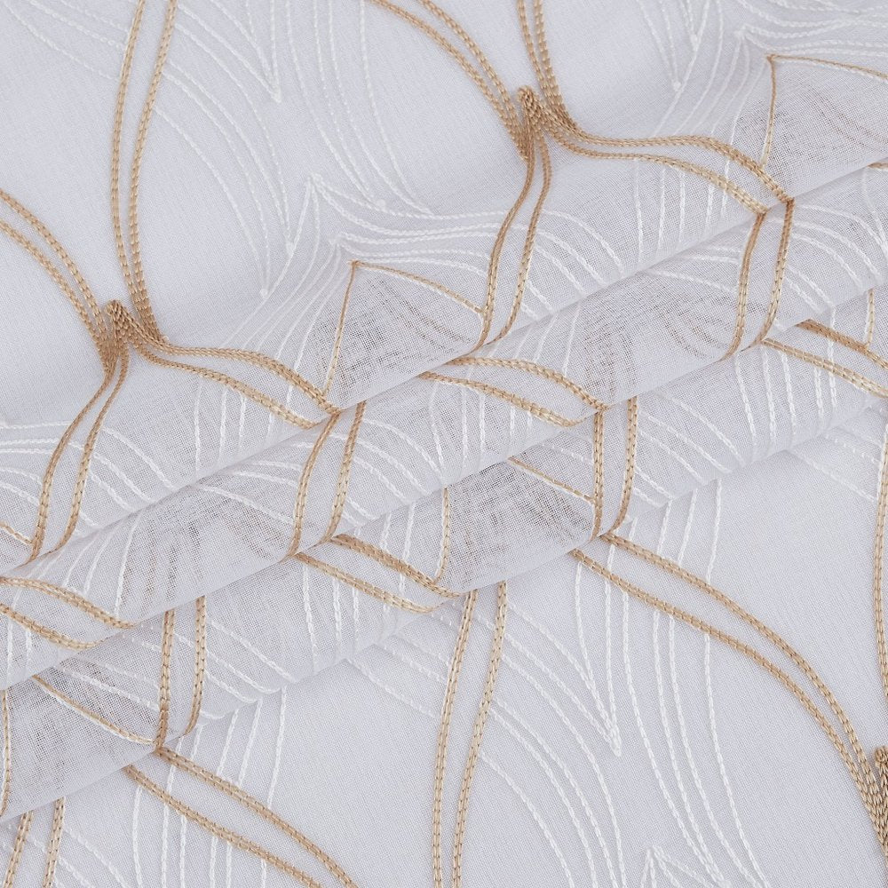 Set of two 84" white sheer window panels with gold wave embroidery.