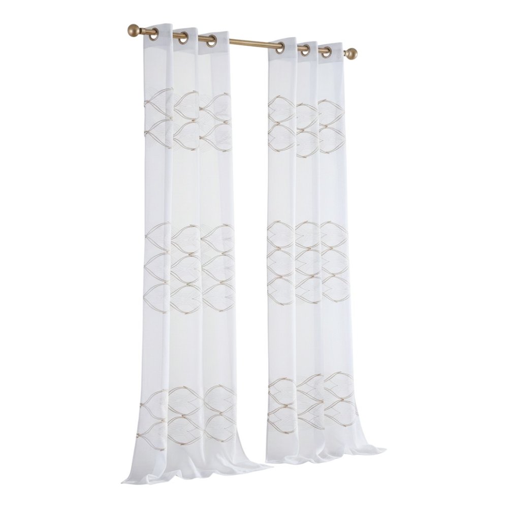 Two white sheer window panels with gold wave embroidery, rod-pocket header on brass rod, floor-length.
