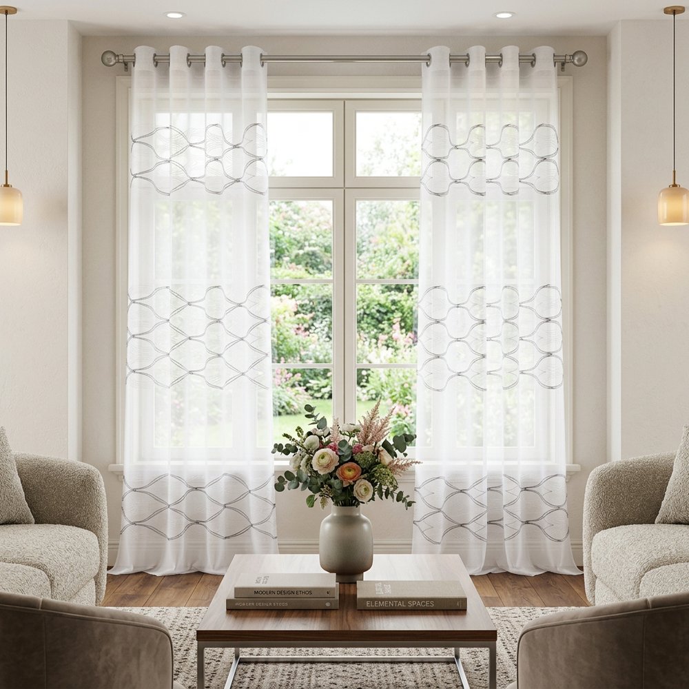 Set of Two 96" White Wave Embroidered Window Panels