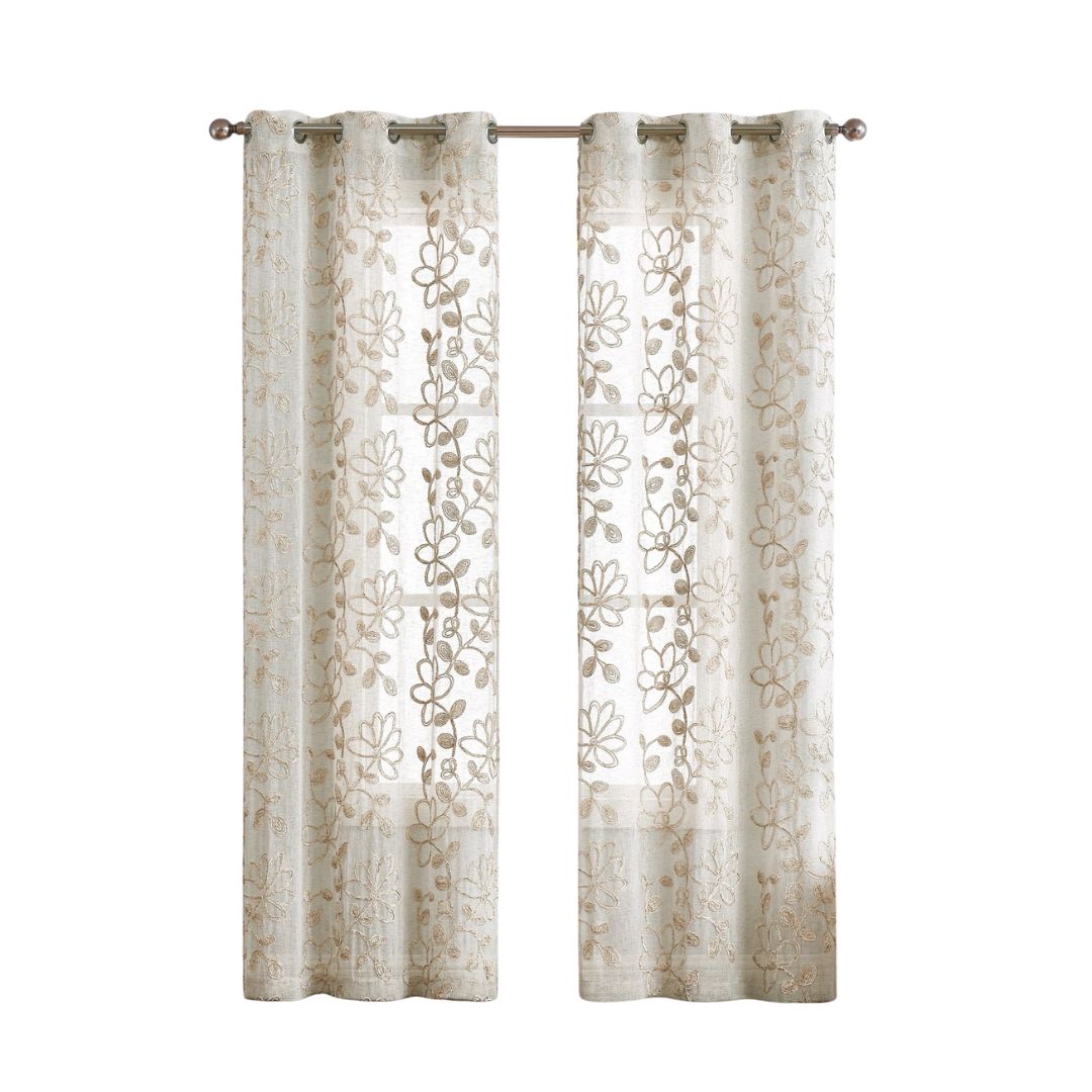 Set of Two 84"  Tan Floral Embroidered Window Panels