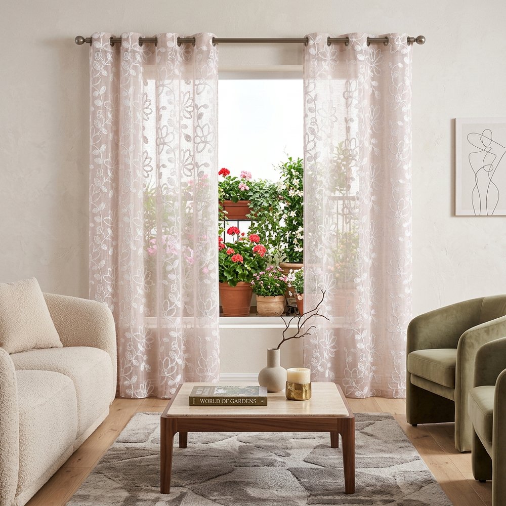 Set of Two 84" Blush Floral Embroidered Window Panels