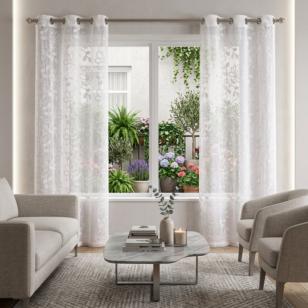 Set of two 84" white floral embroidered window panels