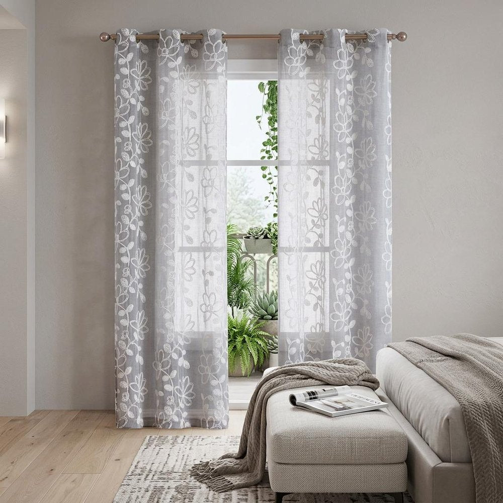 Set of Two 96"  Silver Floral Embroidered Window Panels