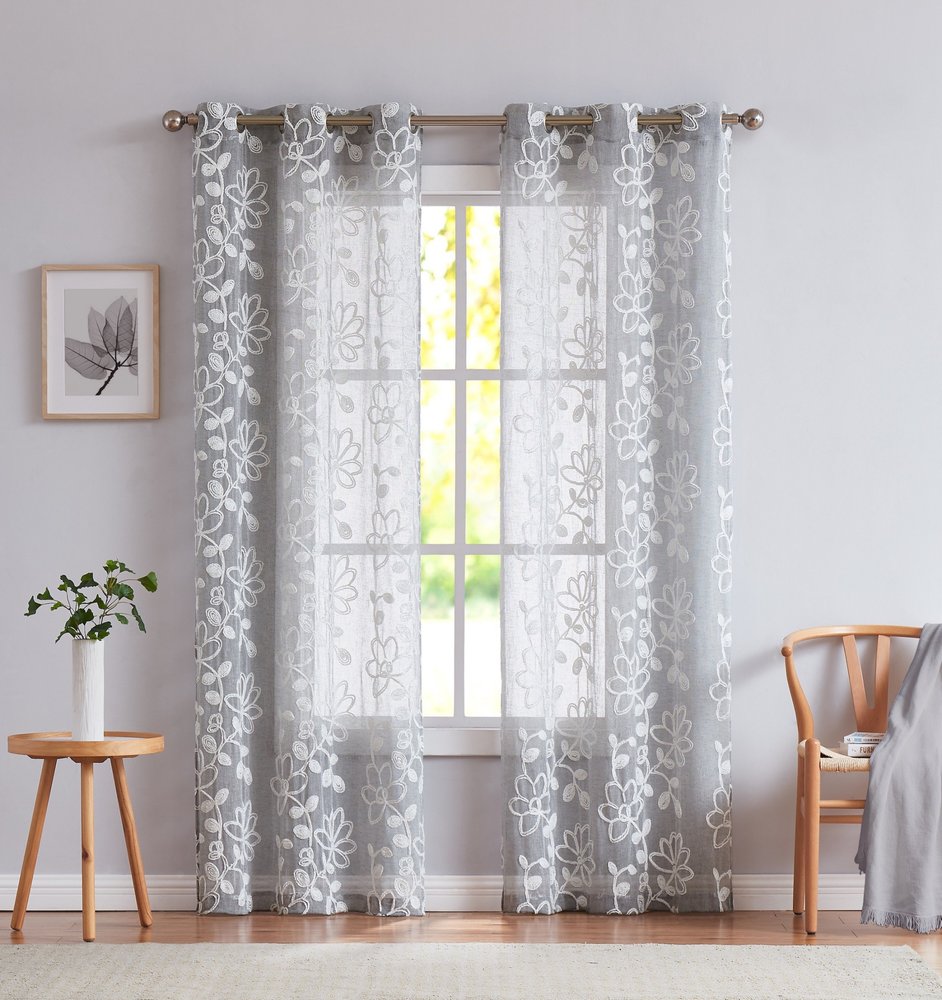 Set of Two 96" Silver Floral Embroidered Window Panels