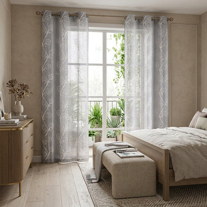 Set of two 96" silver boho embroidered window panels