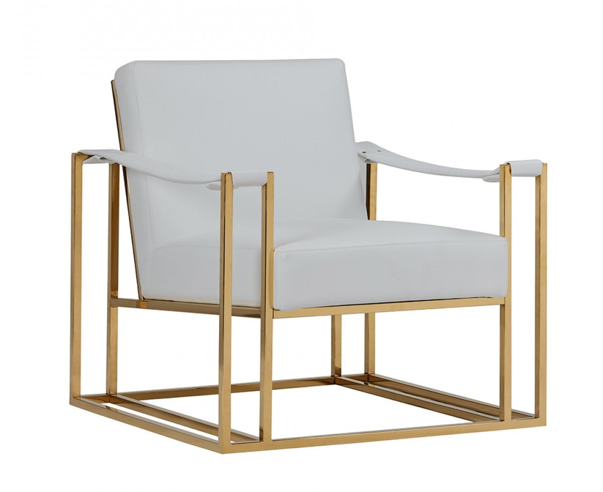 31" White And Gold Faux Leather Lounge Chair