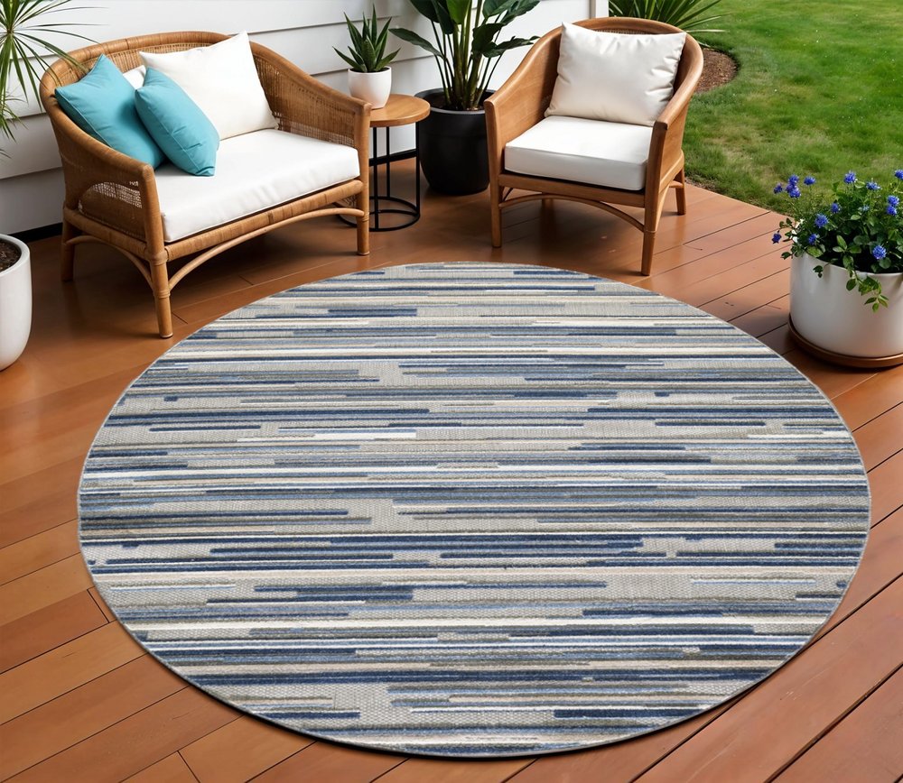 8?? Round Blue Abstract Striped Indoor Outdoor Area Rug