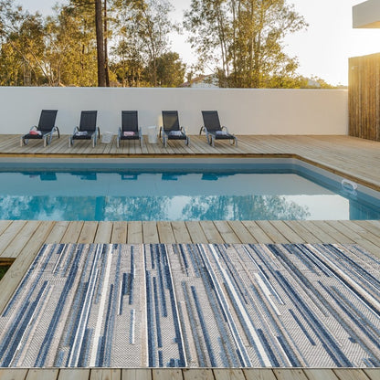 8?? Round Blue Abstract Striped Indoor Outdoor Area Rug