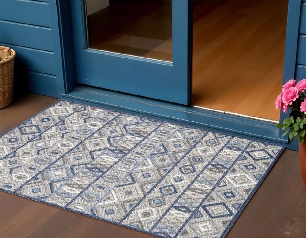 3' X 5' Blue And Gray Abstract Stain Resistant Indoor Outdoor Area Rug