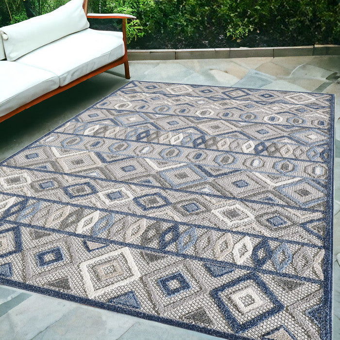 5' X 7' Blue And Gray Abstract Stain Resistant Indoor Outdoor Area Rug