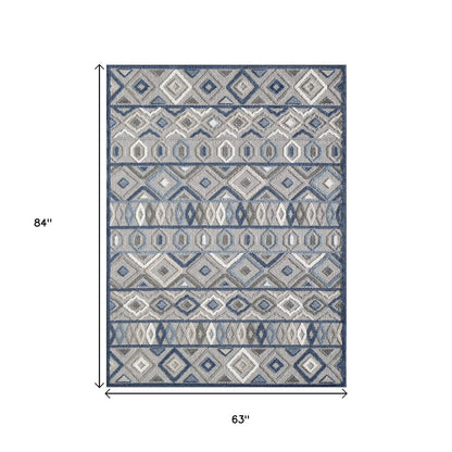 5' X 7' Blue And Gray Abstract Stain Resistant Indoor Outdoor Area Rug