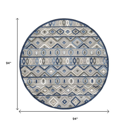 8' Round Blue And Gray Round Abstract Stain Resistant Indoor Outdoor Area Rug