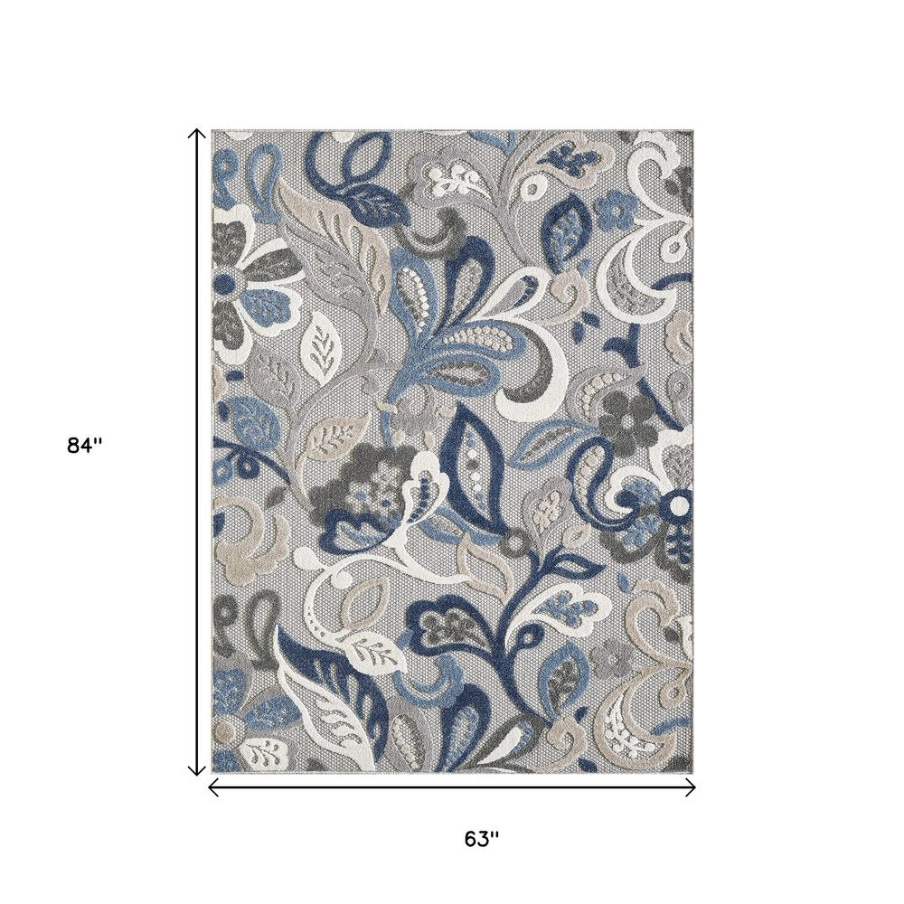 5' X 7' Blue And Gray Floral Indoor Outdoor Area Rug