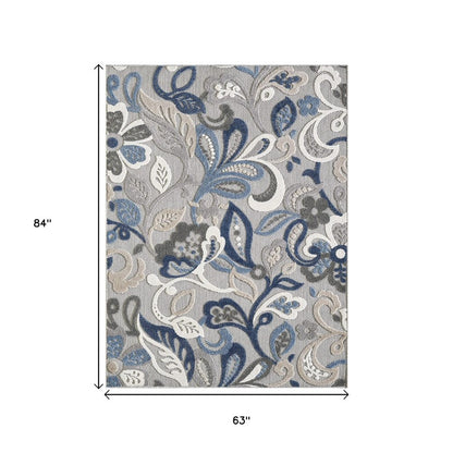 5' X 7' Blue And Gray Floral Indoor Outdoor Area Rug