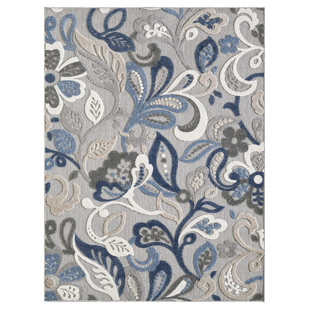 5' X 7' Blue And Gray Floral Indoor Outdoor Area Rug